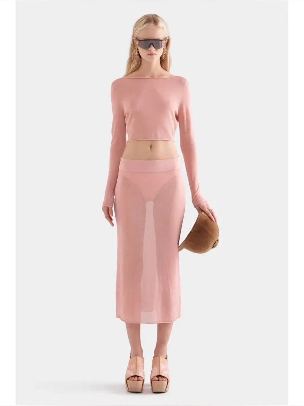 Venroy Lurex Knit Midi Skirt Light Pink